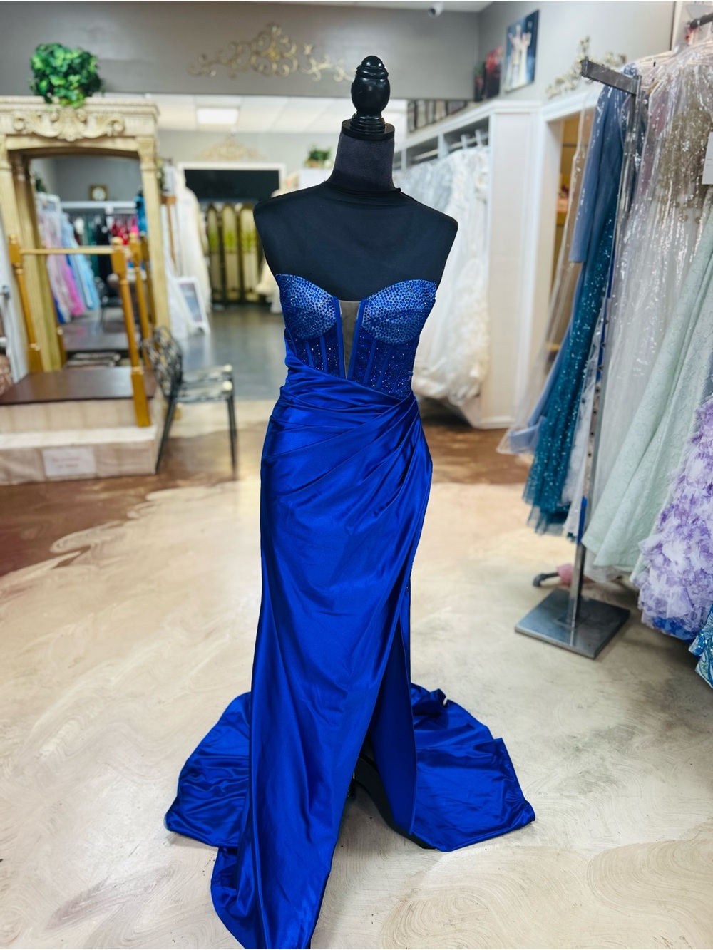 Strapless Ava Presley Beaded Royal Blue Prom Gown